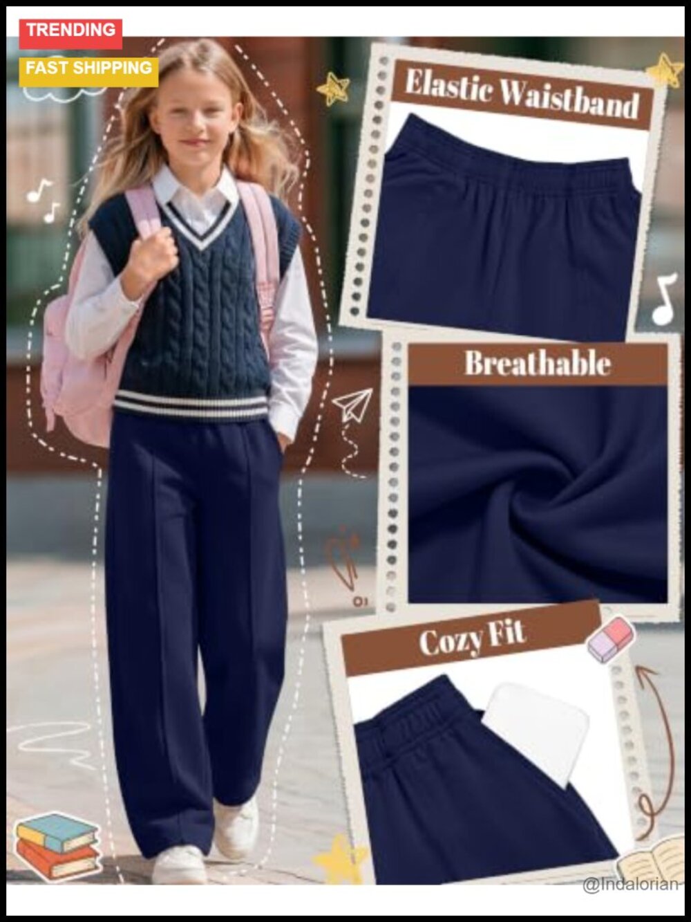 Girls Wide Leg Sweatpants 3 Pack 95% Polyester 5% Spandex Elastic Waist - Picture 4 of 5